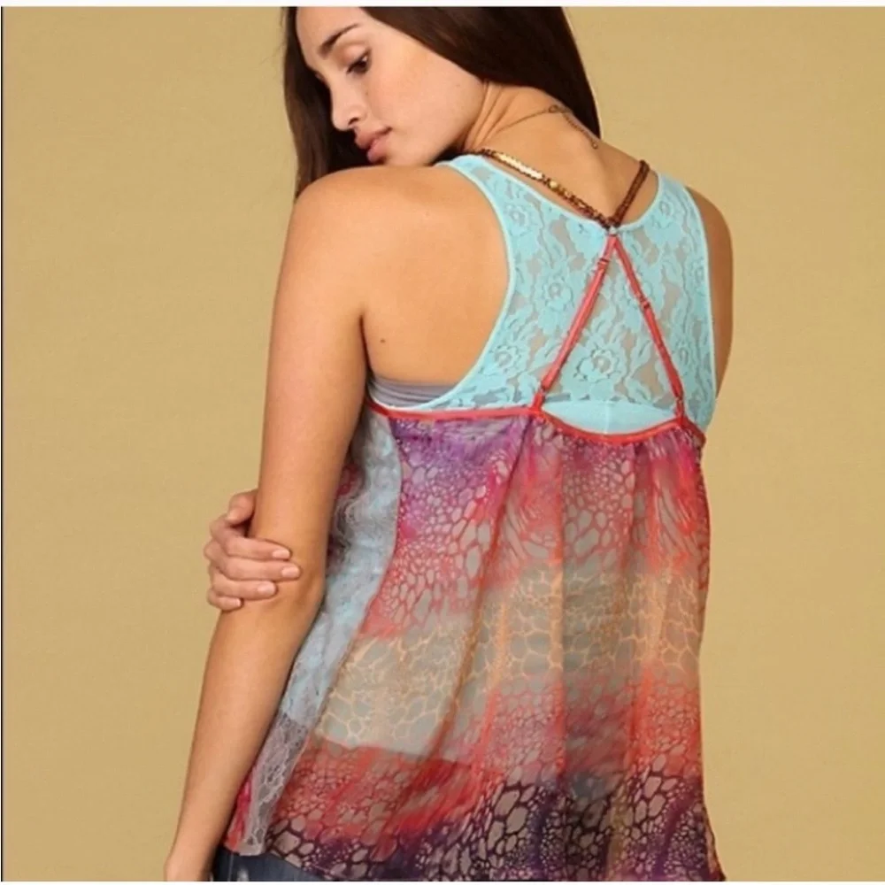 FREE PEOPLE SEQUIN MULTI-COLOR ANIMAL PRINT CAMI TOP BLOUSE SHIRT SIZE LARGE - Picture 2 of 16